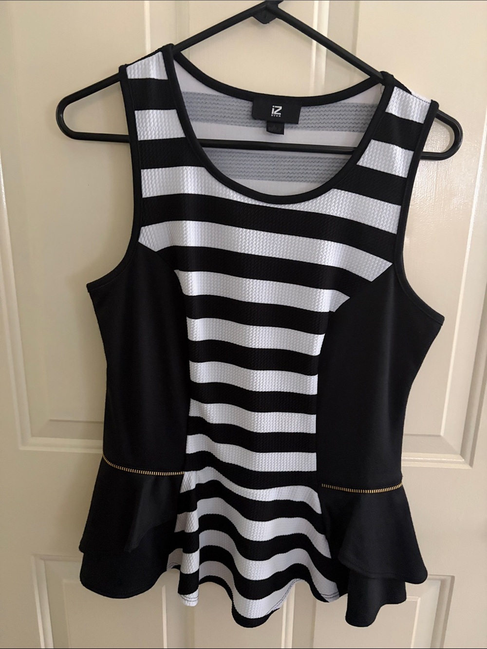Iz Byer Black and White Striped Peplum Tank Top